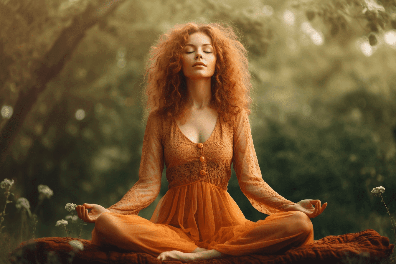 Meditating woman in totally relaxed happy bliss