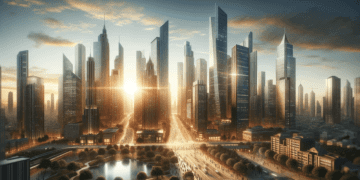 A bustling modern cityscape at sunrise, symbolizing growth and opportunity. Skyscrapers reaching towards the sky, bathed in the warm glow of the risin