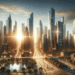 A bustling modern cityscape at sunrise, symbolizing growth and opportunity. Skyscrapers reaching towards the sky, bathed in the warm glow of the risin
