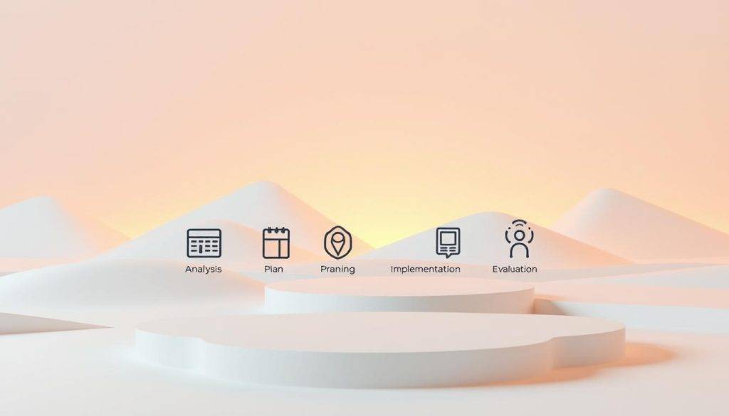 A 3D rendered illustration depicting the stages of a change process. In the foreground, a series of stylized icons representing the key steps - analysis, planning, implementation, and evaluation. The middle ground features a neutral-toned geometric landscape with clean lines and shapes, symbolizing the organized and structured nature of the change process. The background is subtly lit, creating a sense of depth and dimension, with warm lighting that conveys a positive, solution-oriented atmosphere. The overall aesthetic is minimalist and elegant, with a focus on conveying the change process in a clear, visually engaging manner.