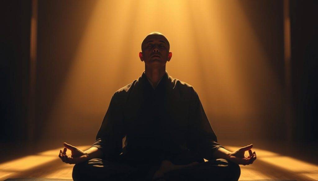 A Zen monk sits in zazen meditation, their posture upright and serene, their eyes gently closed. The dimly lit room is bathed in a warm, golden light, casting soft shadows across the monk's face. The background is blurred, focused solely on the meditative figure, conveying a sense of tranquility and introspection. The atmosphere is one of profound stillness and calm, inviting the viewer to experience the peace and harmony of the Zen lifestyle.