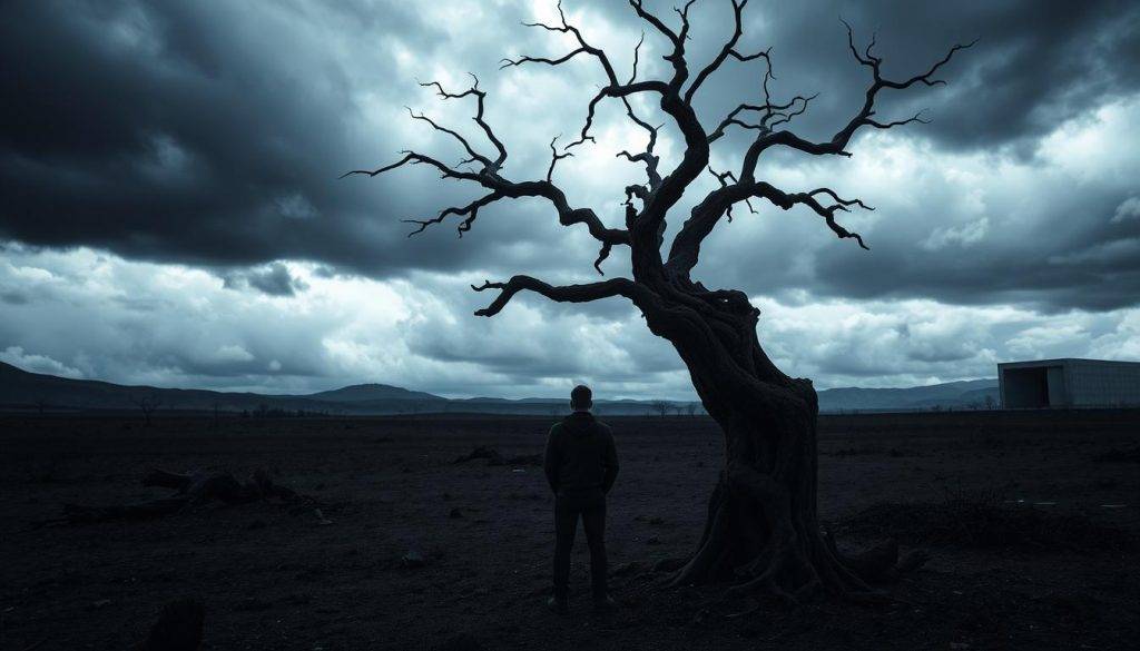 A barren, desolate landscape under a stormy, ominous sky. In the foreground, a withered, twisted tree, its branches reaching up like grasping hands. Shadows cast by the tree create a sense of unease and oppression. In the middle ground, a figure stands alone, their back turned, shoulders hunched as if under a great weight. The figure is obscured, their identity hidden. In the distance, a looming, ominous structure, its sharp edges and harsh lines suggesting an unforgiving, artificial environment. The overall atmosphere is one of isolation, despair, and the dangers of forced positivity in the face of adversity.