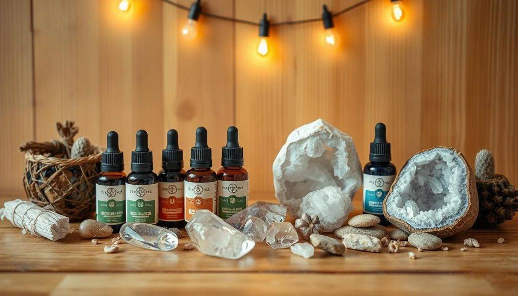 A beautifully lit still life arrangement showcasing an assortment of essential oil bottles, crystal geodes, and natural elements on a wooden surface. Warm, diffused lighting from overhead softly illuminates the scene, creating a serene and calming atmosphere. The oils are displayed in various-shaped bottles, with droppers and labels indicating their intended uses for energy healing and chakra balancing. Surrounding the oils are quartz crystals, sage bundles, and other organic materials, creating a harmonious and mystical composition. The overall mood is one of tranquility, wellness, and a connection to the natural world.