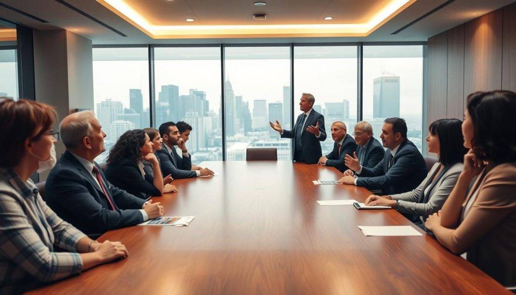 A boardroom with a long wooden table, illuminated by soft overhead lighting. Executives engaged in lively discussion, their body language and facial expressions conveying confidence, active listening, and a shared sense of purpose. In the foreground, a leader stands at the head of the table, hands gesturing emphatically as they articulate their vision, commanding the room's attention. The background features large windows overlooking a cityscape, symbolizing the global reach and influence of this leadership team. An atmosphere of professionalism, collaboration, and strategic decision-making pervades the scene.
