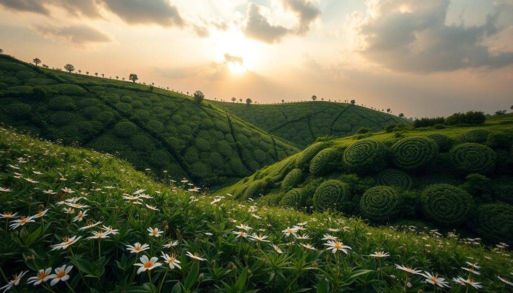 A breathtaking natural landscape showcasing the mesmerizing spiral growth patterns of nature. In the foreground, a lush, verdant meadow is adorned with swirling, fibonacci-inspired flora, their delicate petals spiraling outward in a harmonious dance. In the middle ground, a gently undulating hillside is blanketed in a tapestry of spiraling vines and tendrils, their tendrils twisting and curling with elegant precision. In the background, a dramatic sky filled with soft, golden light bathes the scene in a warm, serene glow, emphasizing the inherent beauty and mathematical elegance of these organic spiral formations. Captured with a wide-angle lens, the composition highlights the seamless integration of these spiral growth patterns within the natural world, a testament to the underlying mathematical principles that govern the patterns of life.