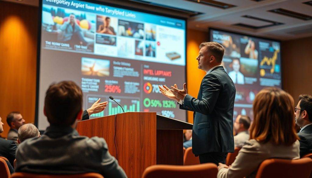 A business professional stands at a podium, delivering an engaging storytelling presentation. The scene is illuminated by warm, focused lighting, creating a captivating atmosphere. The presenter gestures expressively, their face animated as they weave a narrative that captivates the audience. Behind them, a large projection screen displays vivid imagery and infographics, seamlessly integrating visual elements to enhance the storytelling. The audience, seated in comfortable chairs, leans forward attentively, captivated by the speaker's mastery of presentation techniques. The overall composition conveys the power of storytelling to inspire and inform, a testament to the speaker's executive presence and leadership.
