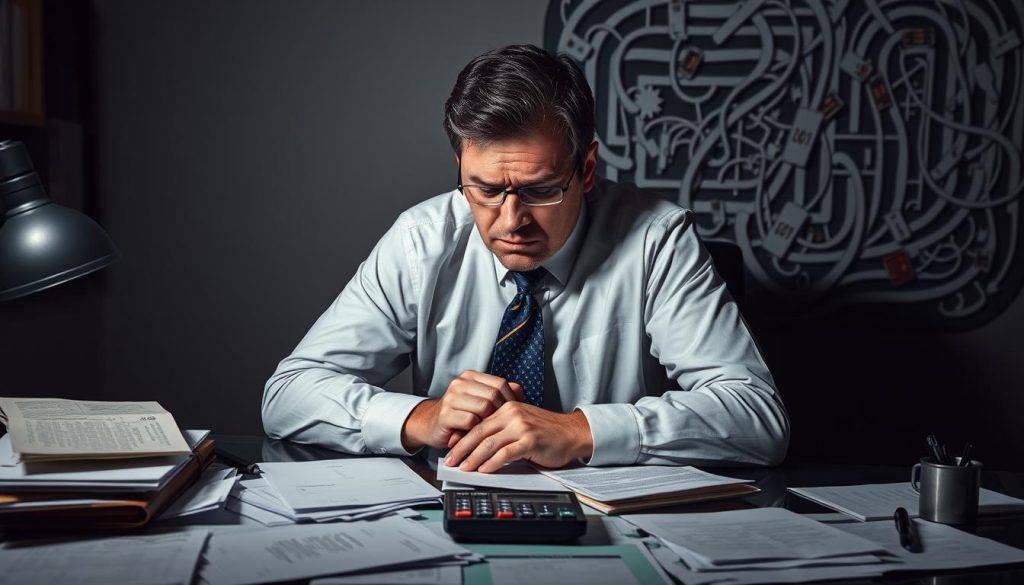 A businessperson, burdened by credit card debt, sits at a desk with a pensive expression. The desk is cluttered with bills, statements, and a calculator, creating a sense of financial pressure. The lighting is dim, casting long shadows that symbolize the weight of debt. In the background, a maze-like pattern of tangled credit cards and financial documents represents the complexities and entanglement of the debt mindset. The overall atmosphere conveys a sense of unease, stress, and the need to break free from the cycle of debt.