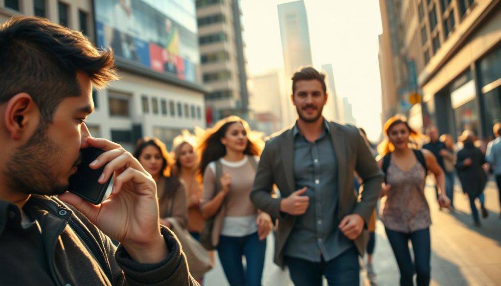 A bustling city street with people engaged in various intentional actions. In the foreground, a determined individual is making a phone call, their focused expression conveying a sense of purpose. In the middle ground, a group of friends animatedly discussing plans, their gestures and body language suggesting collaborative intention. In the background, a person jogs purposefully, their gaze fixed ahead, radiating a sense of focused drive. The scene is bathed in warm, golden light, creating a sense of energy and momentum. The overall atmosphere evokes a feeling of productivity, progress, and the power of intentional living.