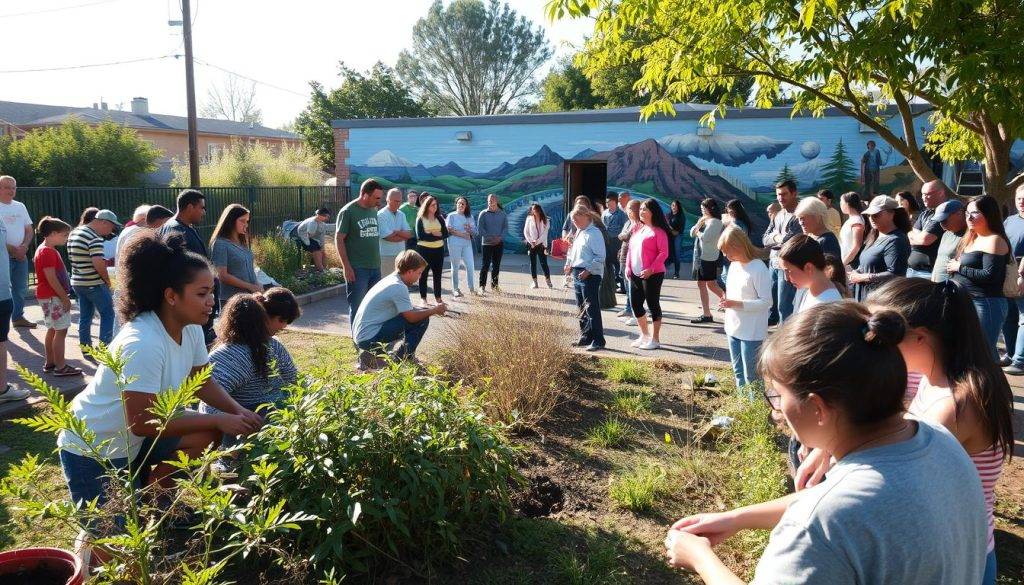 A bustling community park on a sunny day, with people of all ages engaged in various eco-friendly activities. In the foreground, a group of volunteers planting native trees and shrubs, their faces lit by the warm afternoon light. In the middle ground, a workshop demonstration on composting, with attendees intently listening. In the background, a vibrant mural depicting scenes of environmental conservation adorns the community center's wall. The overall atmosphere is one of hope, unity, and a shared commitment to making a tangible difference in the fight against climate change.