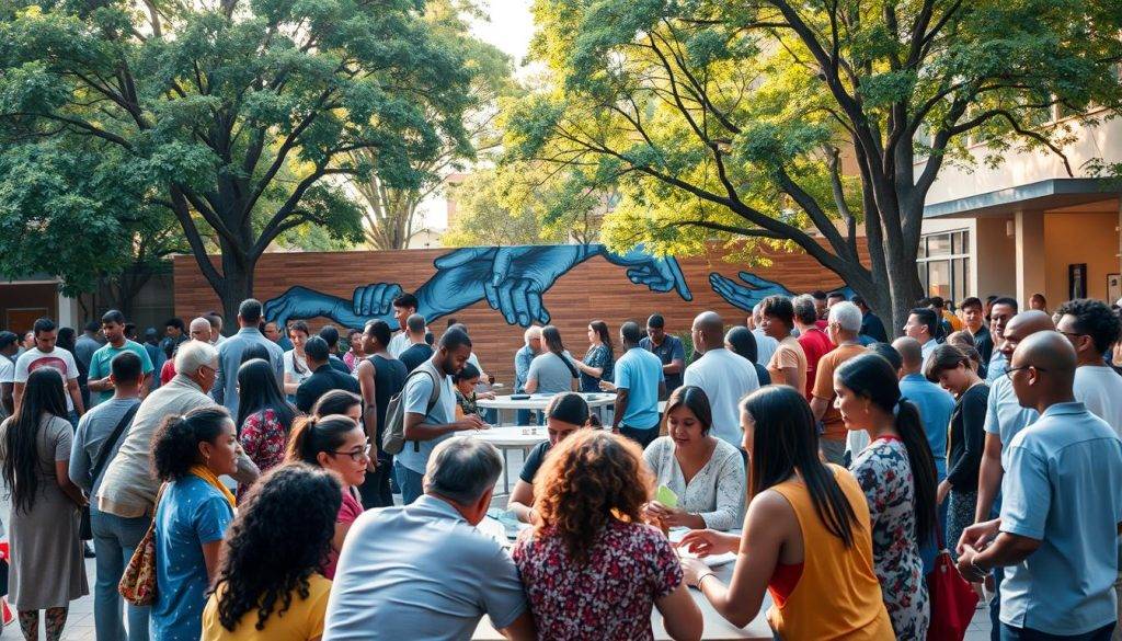 A bustling community square, filled with people of diverse backgrounds lending a helping hand. In the foreground, neighbors gather around a communal table, exchanging ideas and offering support. The middle ground features a vibrant mural depicting interlocking hands, symbolizing unity and collaboration. In the background, trees sway gently, casting a warm, natural glow over the scene. Soft, diffused lighting creates an atmosphere of optimism and togetherness, as individuals come together to cultivate lasting, positive change.