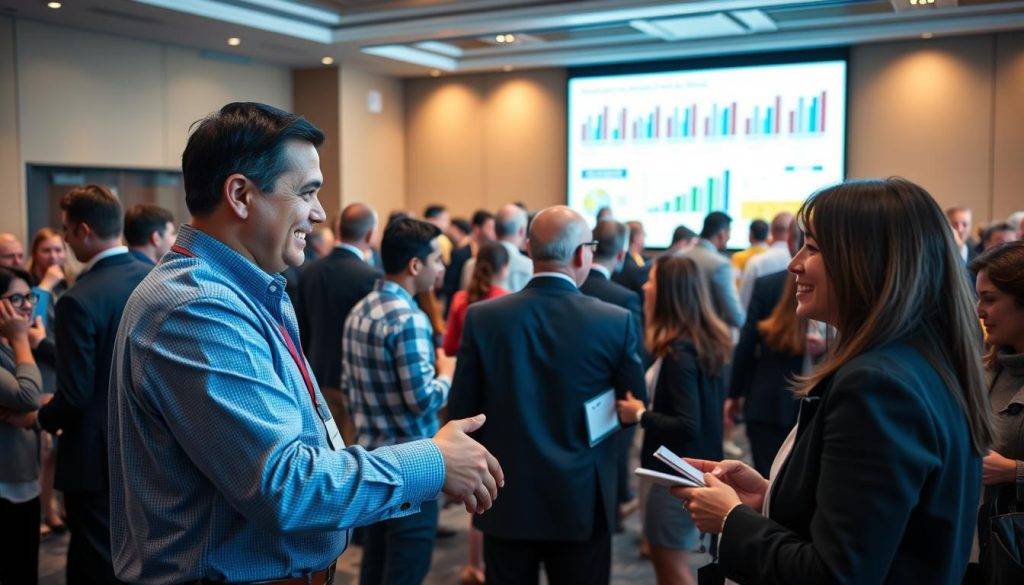 A bustling energy conference, with executives engaged in animated discussions. In the foreground, two business leaders shake hands, their expressions conveying a sense of partnership and collaboration. The middle ground features groups of professionals networking, exchanging ideas and contact information. In the background, a large projection screen displays graphics and charts, illustrating the strategic energy initiatives that bring these individuals together. Soft, warm lighting sets an inviting atmosphere, while the composition captures the dynamic energy of the event. The overall scene evokes a sense of professional growth, fueled by the power of strategic energy partnerships.
