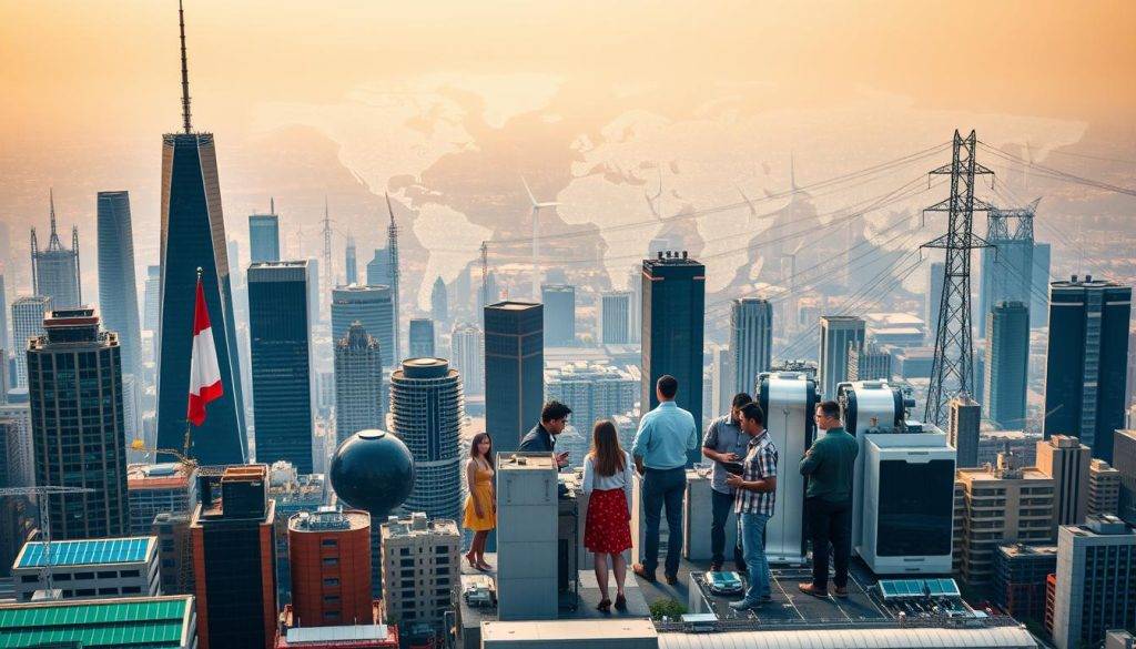 A bustling global metropolis with skyscrapers and renewable energy infrastructure in the foreground, representing technological advancements. In the middle ground, diverse figures from various nationalities engage in animated discussions, symbolizing international energy collaboration. The background features a panoramic view of the world, with energy grids and interconnected power lines, conveying a sense of worldwide energy integration. The lighting is warm and vibrant, creating an atmosphere of optimism and progress. The camera angle is slightly elevated, providing a comprehensive perspective on the collaborative energy ecosystem.