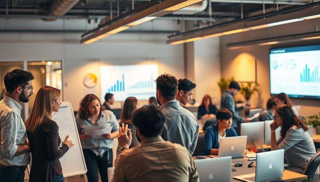A bustling office scene, with employees engaged in practical communication strategies. In the foreground, a team huddles around a whiteboard, discussing ideas with animated gestures. The middle ground features colleagues collaborating at their desks, sharing documents and sketching diagrams. Warm, directional lighting illuminates the space, casting a professional, focused atmosphere. In the background, a wall-mounted display shows progress charts and real-time data, underscoring the data-driven nature of their work. The overall composition conveys a sense of productivity, teamwork, and a methodical approach to problem-solving.