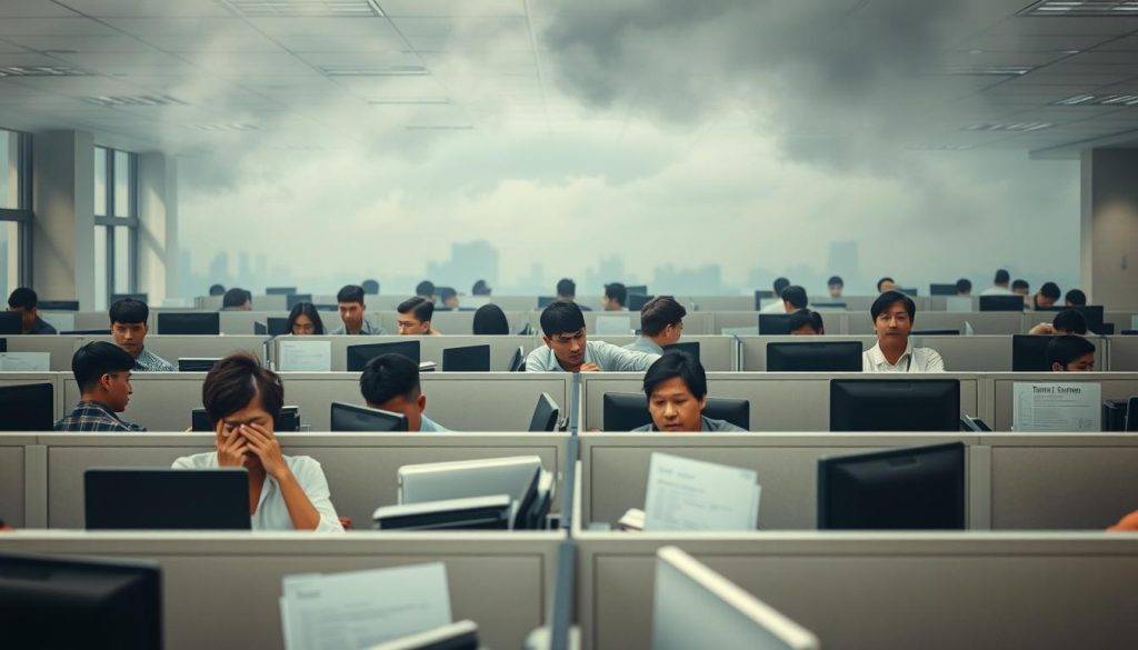 A bustling office setting, with cubicles and desks in the foreground, conveying a sense of workplace routine and structure. In the middle ground, employees engaged in various activities - some looking frustrated, others appearing disinterested or disengaged. The background depicts a cloudy, hazy atmosphere, suggesting a sense of uncertainty and resistance to change. Soft, muted lighting casts a melancholic tone, and the camera angle is slightly elevated, providing an overview of the scene. The overall composition aims to capture the complex dynamics of employee resistance factors, hinting at the challenges and barriers that can hinder personal and professional success.