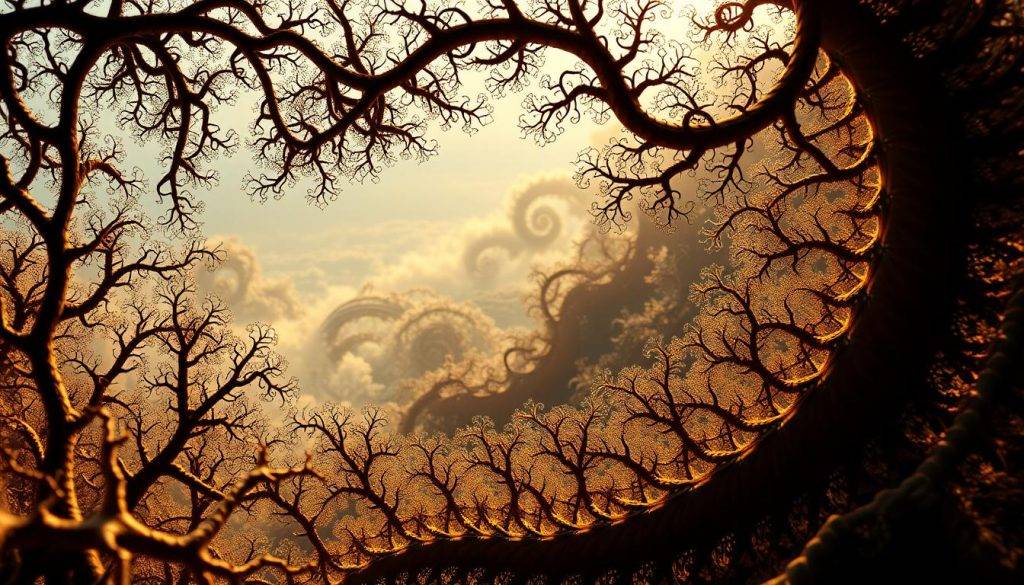 A captivating fractal landscape, showcasing the intricate patterns found in nature. In the foreground, a mesmerizing array of branching structures, reminiscent of fern fronds or tree branches, with delicate, self-similar curves and angles. The middle ground reveals a kaleidoscope of swirling, organic shapes, like the intricate designs of a seashell or the spiraling flow of a whirlpool. In the background, a hazy, dreamlike perspective opens up, hinting at the infinite complexity of fractal geometry, as if peering into the depths of a mathematical rabbit hole. The scene is bathed in a warm, golden light, casting subtle shadows that accentuate the depth and dimensionality of the fractal forms. The overall atmosphere is one of wonder and awe, inviting the viewer to explore the hidden beauty and elegance of nature's fractal patterns.