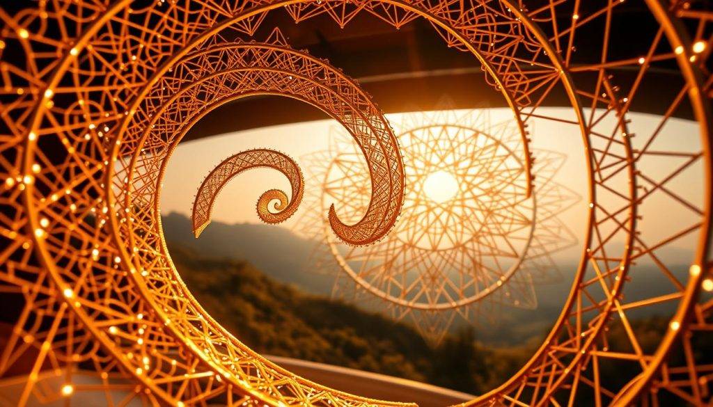A captivating golden spiral construction, shimmering with intricate, mesmerizing patterns. In the foreground, a graceful logarithmic curve spirals outward, its radiant golden hues glowing with an ethereal luminescence. The middle ground features a complex geometric lattice, its intersecting lines forming a hypnotic, mathematical dance. The background reveals a softly blurred, dreamlike landscape, hinting at the harmony and beauty found in nature's sacred geometries. Warm, directional lighting casts gentle shadows, accentuating the depth and dimensionality of the scene. Captured with a wide-angle lens, the composition invites the viewer to immerse themselves in the captivating splendor of this golden spiral construction.
