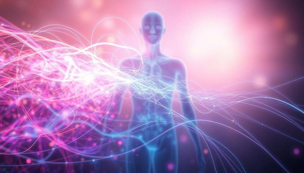 A captivating image of the electromagnetic fields within the biofield. In the foreground, a vibrant aura of energy pulses and flows, its colors shifting and intertwining in a mesmerizing display. The middle ground reveals the intricate web of electromagnetic waves, their lines and curves tracing the contours of the human form. In the background, a soft, ethereal glow bathes the scene, creating a sense of otherworldly tranquility. The lighting is soft and diffused, lending a dreamlike quality to the image. The perspective is slightly elevated, allowing the viewer to witness the harmonious dance of these invisible forces that shape the biofield. The overall atmosphere conveys the profound interconnectedness of the physical and the subtle energetic realms.