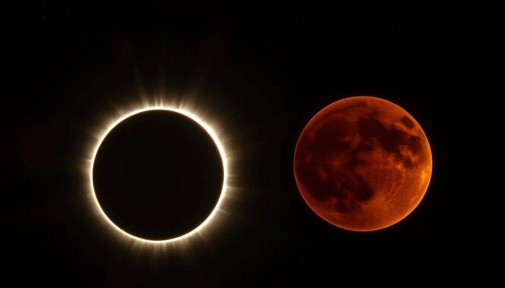 A captivating juxtaposition of the sun and moon, symbolizing the duality of solar and lunar eclipses. In the foreground, a dramatic solar eclipse casts a mesmerizing ring of light, while in the middle ground, a serene lunar eclipse emerges, shrouded in a warm, amber glow. The background features a starry night sky, hinting at the cosmic significance of these celestial events. The lighting is dramatic, with sharp contrasts and deep shadows, conveying a sense of introspection and shadow work. The perspective is slightly elevated, allowing the viewer to fully appreciate the symbolic interplay between the sun and moon. This image evokes a contemplative mood, inviting the viewer to explore the deeper meaning behind the solar and lunar eclipse symbolism.
