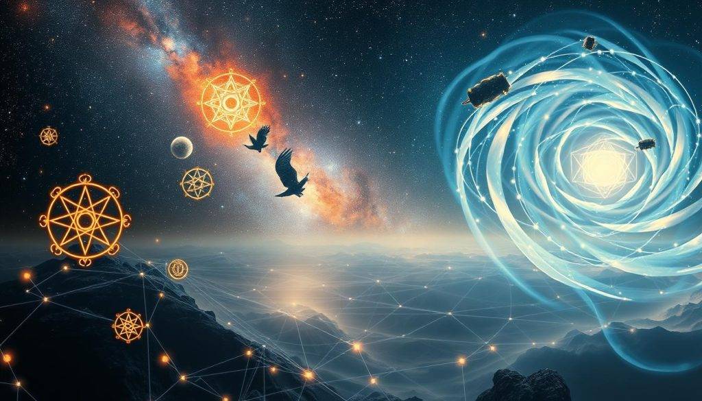 A celestial landscape where cosmic energy flows, manifesting as ethereal soul contracts woven into the fabric of the universe. In the foreground, glowing sigils and arcane symbols hover, representing the entanglement of pre-incarnation promises. The middle ground features a vast, starry expanse, with interconnected threads of light tracing the intricate web of universal connection. In the background, a massive, swirling vortex of nebulous energy, hinting at the mysteries of the collective consciousness. Soft, diffused lighting casts an otherworldly glow, capturing the mystical and contemplative atmosphere of this profound exploration of the soul's journey.