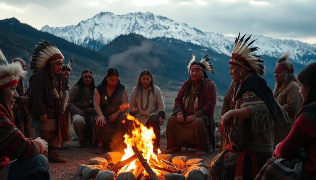 A ceremonial gathering of Native American elders and youth in a remote, natural setting. In the foreground, a young person undergoing a rite of passage, adorned in traditional regalia and surrounded by a circle of community members. In the middle ground, a crackling fire casts a warm, golden glow over the scene, while wisps of smoke drift upward. The background features a majestic, snow-capped mountain range, hinting at the spiritual connection to the land. The atmosphere is solemn, introspective, and imbued with a sense of timeless tradition. Realistic, cinematic, 8K resolution.