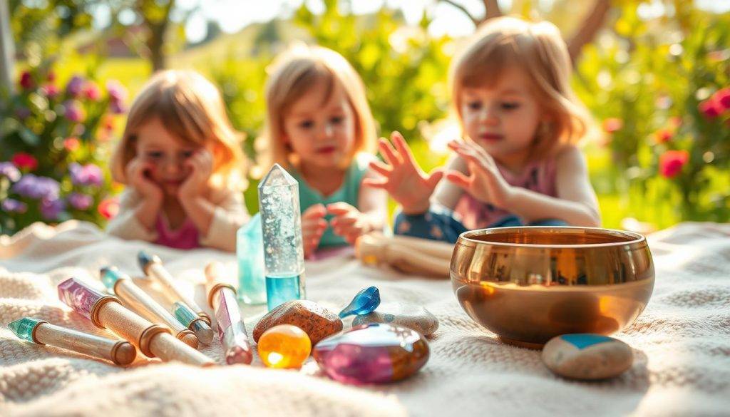 A colorful and whimsical scene of children's energy healing tools, bathed in warm, natural lighting. In the foreground, a collection of crystal wands, gemstone-inlaid meditation stones, and a small singing bowl sit atop a soft, textured blanket. In the middle ground, children's hands gently interact with the tools, their expressions serene and focused. In the background, a lush, verdant garden scene with swaying trees and a calming, ethereal atmosphere, evoking a sense of tranquility and harmony. The composition is balanced and visually engaging, capturing the essence of energy healing practices designed for young, curious minds.