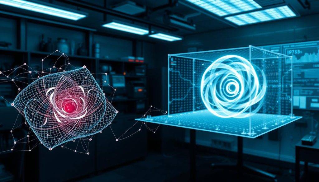 A complex, abstract visualization of the KPZ dynamics model analysis, rendered in a scientific, analytical style. The foreground features a detailed 3D mesh representation of the mathematical equation, with dynamic energy fields and fractal patterns visualizing the model's chaotic behavior. The middle ground showcases a holographic projection of the model's phase space, revealing intricate attractor structures. In the background, a dimly lit laboratory setting with scientific instrumentation and data readouts, casting a moody, contemplative atmosphere. Dramatic cinematic lighting, with cool tones and deep shadows, emphasizes the technical nature of the subject matter. The overall composition conveys the profound insights into growth and evolution that can be gleaned from studying these nonlinear dynamical systems.