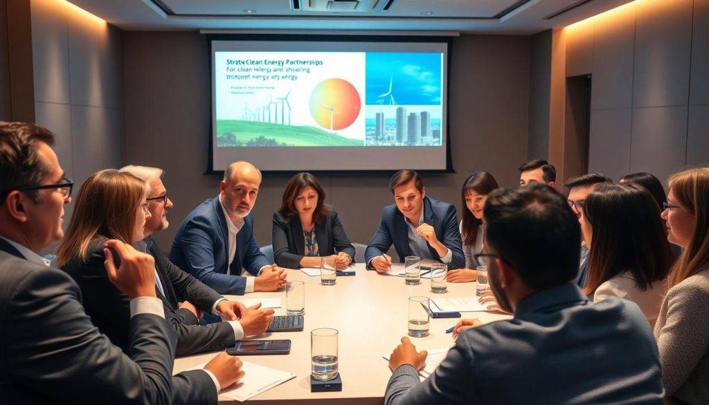 A conference room filled with business leaders, gathered around a table, engaged in a dynamic discussion about strategic energy partnerships. The lighting is warm and professional, with a subtle emphasis on the faces of the participants, highlighting their thoughtful expressions. The room has a sleek, modern design, with clean lines and muted colors that create a sense of sophistication. In the background, a projection screen displays a presentation on the latest clean energy technologies, underscoring the importance of the subject matter. The overall atmosphere conveys a spirit of collaboration, innovation, and a shared commitment to shaping the future of the clean energy economy.