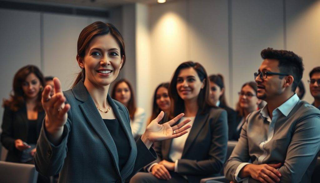 A conference room filled with executives engaged in dynamic communication. In the foreground, a female leader gestures expressively, her confident posture conveying executive presence. The middle ground features a group of attentive, nodding listeners, their faces alight with engagement. The background reveals a minimalist, well-lit setting with clean lines and muted tones, creating a professional, polished atmosphere. Subtle lighting casts a warm glow, accentuating the nuanced expressions and body language of the participants, showcasing the manifestation of executive presence through impactful leadership communication techniques.