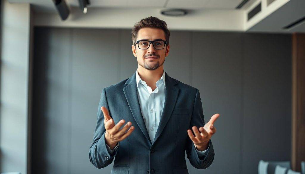 A confident executive stands tall, gesturing expressively with their hands, exuding an aura of authority and composure. The background is a modern, minimalist office setting, with clean lines and muted tones that create a sense of professionalism. Soft, directional lighting accentuates the subject's features, highlighting their poise and presence. The overall mood is one of focused determination and effective leadership, conveying the power of nonverbal communication in the business world.