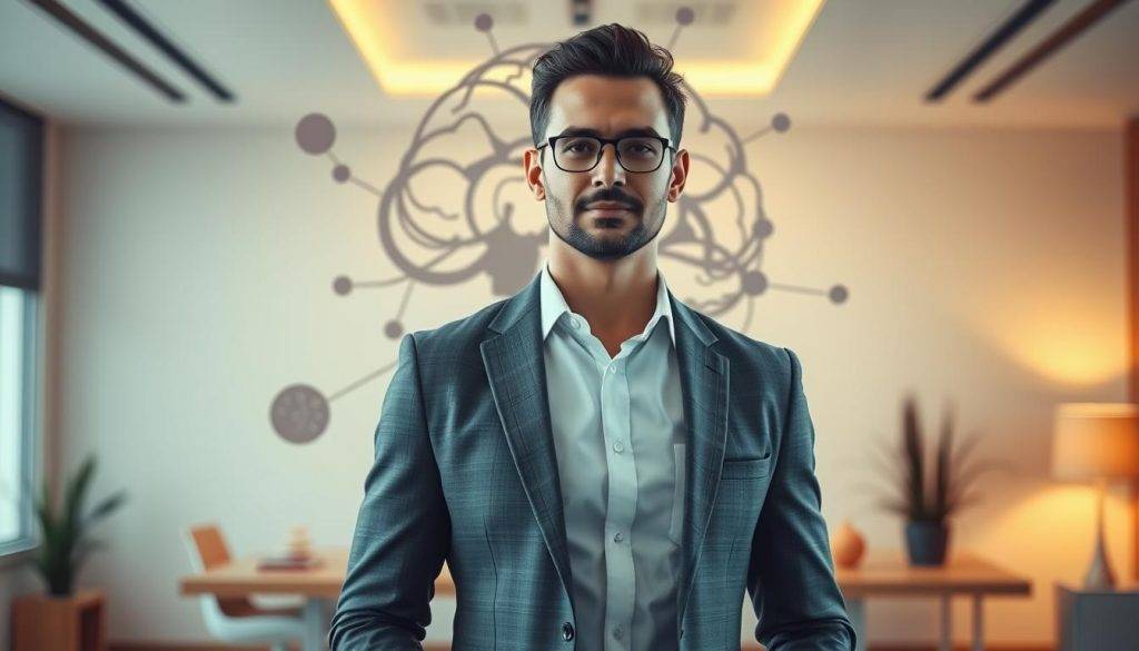 A confident, poised executive stands at the forefront, exuding an aura of emotional intelligence. Surrounding them, a serene office environment with warm lighting and clean lines, creating a sense of tranquility. In the background, subtle abstract shapes and textures symbolize the complex inner workings of the mind, conveying the leader's ability to navigate and manage their emotions effectively. The composition is balanced, with the executive's presence commanding attention, yet the overall atmosphere remains calming and reflective, capturing the essence of building confidence and emotional intelligence for effective leadership.