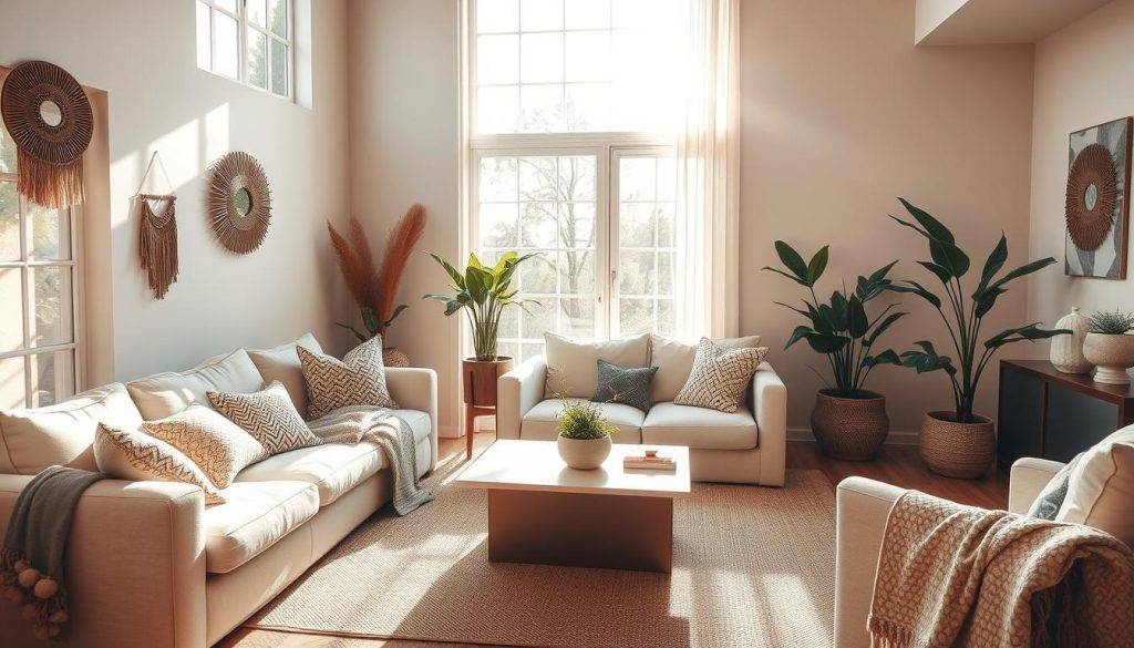 A cozy and inviting living room with natural lighting streaming through large windows, casting a warm glow on the space. Plush, neutral-toned furniture, including a comfortable sofa and armchair, are arranged to create a sense of intimacy and relaxation. Soft textures, such as woven throws and pillows, add depth and texture. Carefully curated décor elements, like potted plants, artful wall hangings, and a sleek, minimalist coffee table, contribute to a harmonious and rejuvenating atmosphere. The overall design effortlessly blends form and function, creating a welcoming and nurturing environment for personal reflection and rediscovery. A cozy and inviting living room with natural lighting streaming through large windows, casting a warm glow on the space. Plush, neutral-toned furniture, including a comfortable sofa and armchair, are arranged to create a sense of intimacy and relaxation. Soft textures, such as woven throws and pillows, add depth and texture. Carefully curated décor elements, like potted plants, artful wall hangings, and a sleek, minimalist coffee table, contribute to a harmonious and rejuvenating atmosphere. The overall design effortlessly blends form and function, creating a welcoming and nurturing environment for personal reflection and rediscovery.