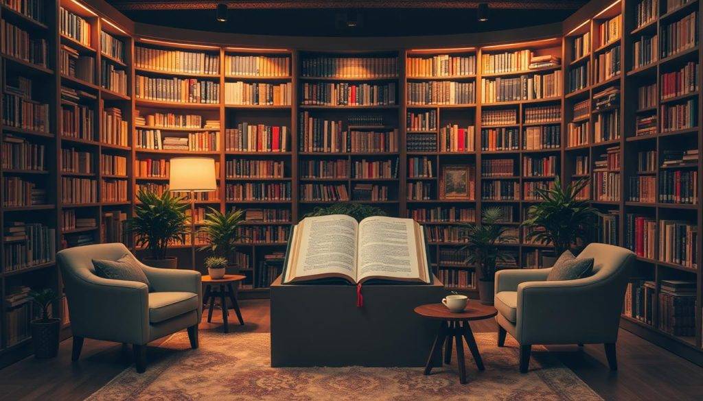 A cozy, inviting library filled with books on self-discovery. Warm, soft lighting illuminates the shelves, casting a gentle glow. Armchairs and a plush rug create a welcoming, introspective atmosphere. Potted plants and a small table with a cup of tea add touches of tranquility. The center features a large, open book on a podium, its pages seemingly inviting the viewer to begin their journey of self-exploration. Muted earth tones and natural textures blend seamlessly, evoking a sense of contemplation and personal growth.