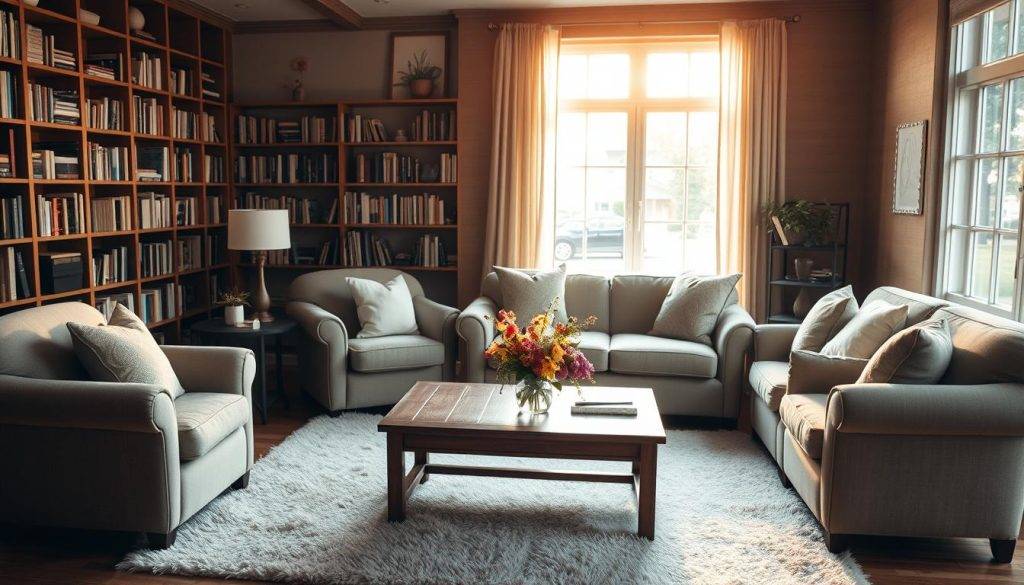 A cozy, inviting living room with warm, natural lighting filtering through large windows. Comfortable, plush armchairs and a couch arranged in a semicircle, creating an intimate and welcoming atmosphere. Soft textures, like throw pillows and a fluffy rug, add to the sense of comfort. Bookshelves line the walls, hinting at the intellectual and emotional resources available. A coffee table in the center holds a vase of fresh flowers, symbolizing growth and new beginnings. The overall mood is serene, contemplative, and supportive, reflecting the idea of building a strong network during the "empty nest" phase of life. A cozy, inviting living room with warm, natural lighting filtering through large windows. Comfortable, plush armchairs and a couch arranged in a semicircle, creating an intimate and welcoming atmosphere. Soft textures, like throw pillows and a fluffy rug, add to the sense of comfort. Bookshelves line the walls, hinting at the intellectual and emotional resources available. A coffee table in the center holds a vase of fresh flowers, symbolizing growth and new beginnings. The overall mood is serene, contemplative, and supportive, reflecting the idea of building a strong network during the "empty nest" phase of life.