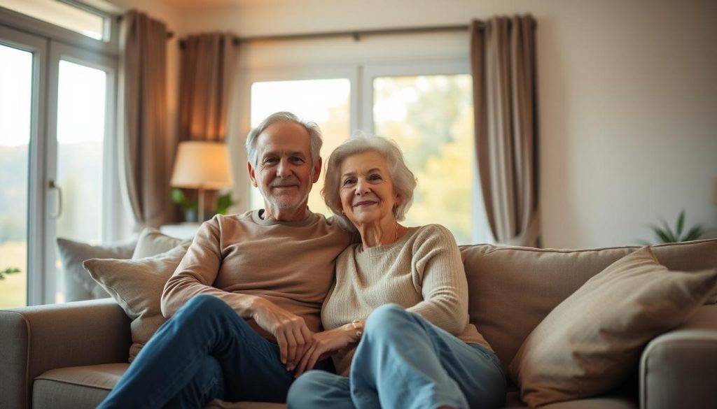 A cozy living room with a comfortable sofa and armchair, softly lit by warm, ambient lighting. A middle-aged couple sitting close together, their body language conveying a sense of intimacy and connection. The background features a large window overlooking a serene, natural landscape, suggesting an empty nest and a new chapter in their relationship. The couple's expressions are relaxed and content, reflecting a deepened bond and a renewed sense of purpose. A cozy living room with a comfortable sofa and armchair, softly lit by warm, ambient lighting. A middle-aged couple sitting close together, their body language conveying a sense of intimacy and connection. The background features a large window overlooking a serene, natural landscape, suggesting an empty nest and a new chapter in their relationship. The couple's expressions are relaxed and content, reflecting a deepened bond and a renewed sense of purpose.