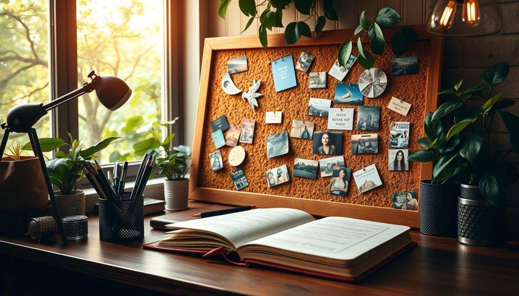 A cozy study nook with a wooden desk, a vision board made of cork and filled with colorful cutouts, a leather-bound journal, and an assortment of pens and pencils. Soft, warm lighting bathes the scene, creating a serene and inspirational atmosphere. The vision board is the focal point, surrounded by lush greenery in the background, suggesting a connection to nature and personal growth. The journal is open, inviting the viewer to immerse themselves in the process of manifestation journaling. The overall composition conveys a sense of intentionality, reflection, and the pursuit of personal fulfillment.
