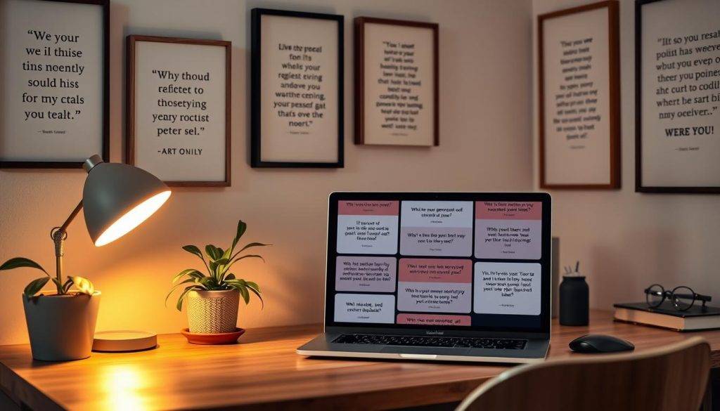 A cozy study with a wooden desk, a potted plant, and a warm reading lamp. On the desk, a laptop displays a collage of AI-generated prompts, each reflecting a unique path of self-discovery. The walls are adorned with framed inspirational quotes, creating a contemplative atmosphere. Soft, diffused lighting illuminates the scene, inviting the viewer to dive into the world of personalized AI-powered introspection.