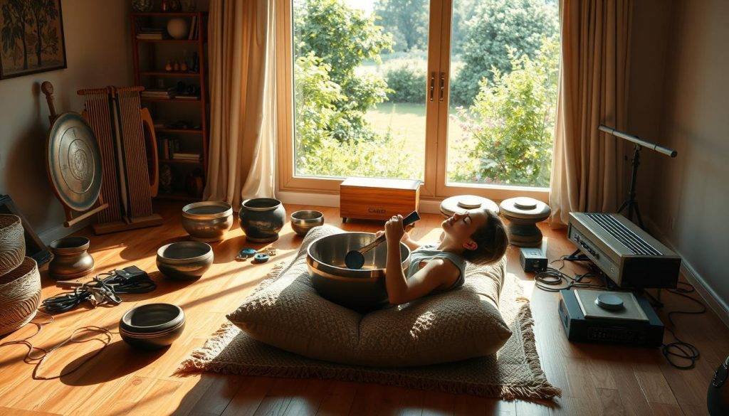 A cozy, sun-dappled room filled with an array of musical instruments carefully arranged for a soothing sound healing session. In the foreground, a patient reclines on a plush floor cushion, eyes closed, as they gently strum a crystal singing bowl, its vibrations resonating through the space. Surrounding them, a semicircle of various resonating instruments - tuned chimes, gongs, tingsha bells, and a harmonium - await their turn to be played, their forms casting soft shadows across the warm wooden floors. In the background, a large window overlooks a tranquil garden, allowing natural light to bathe the scene in a calming, ethereal glow.