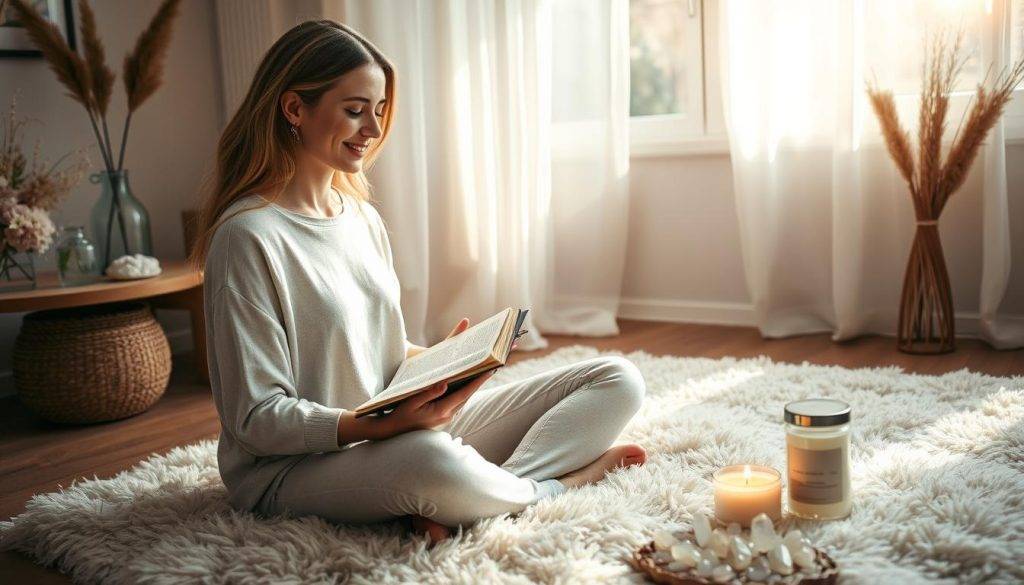A cozy, sun-drenched bedroom, with a serene woman sitting cross-legged on a soft, plush rug. She holds a journal in her lap, intently writing affirmations as morning light filters through sheer curtains. On a small table nearby, a soy candle flickers, its warm glow casting a peaceful ambiance. Crystals and dried flowers adorn the space, creating a sacred, meditative atmosphere. The woman's expression radiates self-acceptance and inner calm, reflecting the transformative power of her daily ritual.