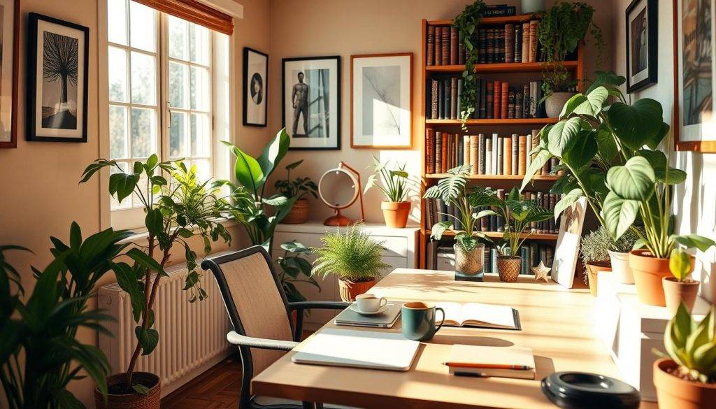 A cozy, sunlit home office with a desk, chair, and an array of plants. On the desk, a laptop, notebook, and a cup of coffee, creating a sense of a daily routine. The walls are adorned with framed artwork, adding a touch of personalization. The lighting is warm and natural, with a large window providing ample illumination. In the background, a bookshelf filled with tomes, hinting at the intellectual pursuits and self-discovery that may occur in this space. The overall atmosphere is one of productivity, introspection, and a well-curated personal environment.