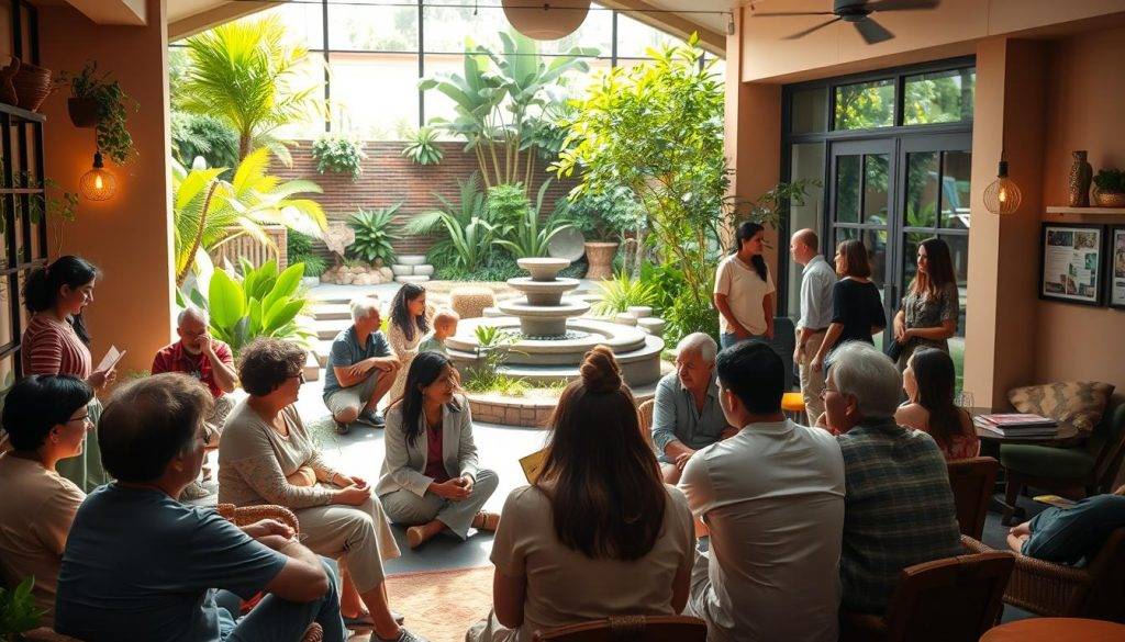 A cozy, well-lit community gathering space, with a mix of people of diverse backgrounds engaged in warm discussions and collaborative activities. In the foreground, a group of individuals sitting in a circle, supporting and encouraging one another. The middle ground features smaller breakout groups, people exchanging ideas, and offering advice. In the background, a serene garden oasis with lush greenery, a calming water feature, and natural lighting filtering through large windows. The overall atmosphere is one of inclusivity, mutual understanding, and personal growth.