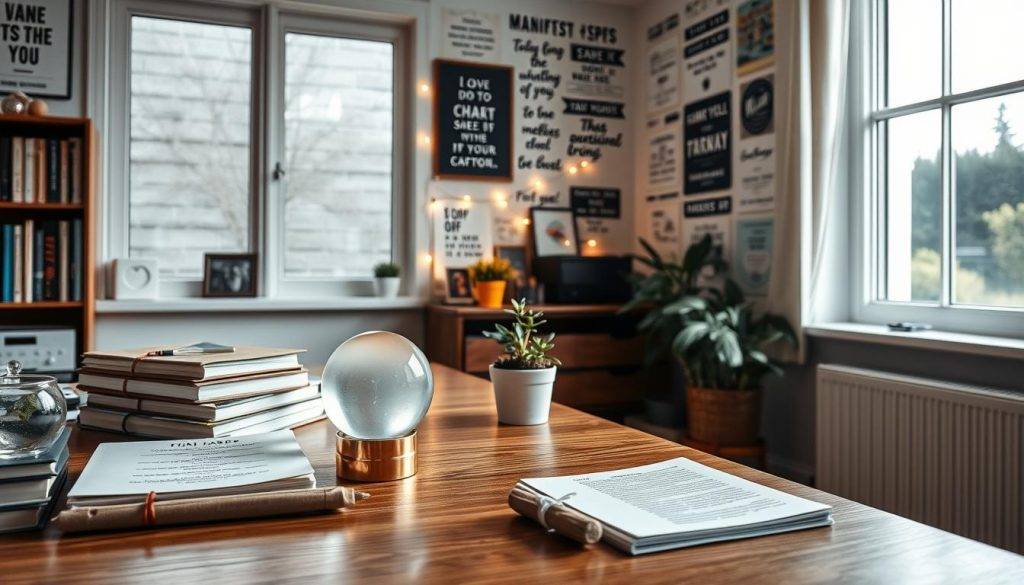 A cozy, well-lit home office with a wooden desk showcasing a variety of manifestation tools. In the foreground, a crystal ball, a stack of journals, and a bundle of sage rest atop the desk. In the middle ground, a small potted plant and a string of fairy lights add a warm, inviting ambiance. The background features a wall filled with inspirational quotes and affirmations, bathed in soft, natural lighting from a large window. The overall scene exudes a sense of tranquility and intention, perfect for a manifestation book club journey.