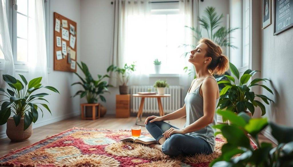 A cozy, well-lit room with soft, natural lighting streaming through large windows. In the foreground, a person sits cross-legged on a plush, colorful rug, eyes closed in deep concentration as they practice daily affirmations. Surrounding them are inspirational quotes and affirmation cards pinned to a cork board on the wall. In the middle ground, a small table holds a cup of tea, a journal, and a set of crystals. In the background, lush, verdant houseplants adorn the space, creating a serene, nurturing atmosphere conducive to introspection and self-care.