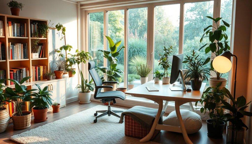 A cozy, well-lit study space with an ergonomic desk, a comfortable chair, and an array of potted plants. The room is filled with warm, natural lighting from large windows overlooking a tranquil garden. Bookshelves line the walls, providing a sense of intellectual stimulation. A plush rug and soft, neutral-toned fabrics create a soothing, grounding atmosphere. The space is uncluttered, allowing for focused concentration, while the presence of greenery and natural elements fosters a sense of growth and renewal. The overall scene conveys a harmonious balance between productivity and mindfulness, an environment conducive to both work and personal development.