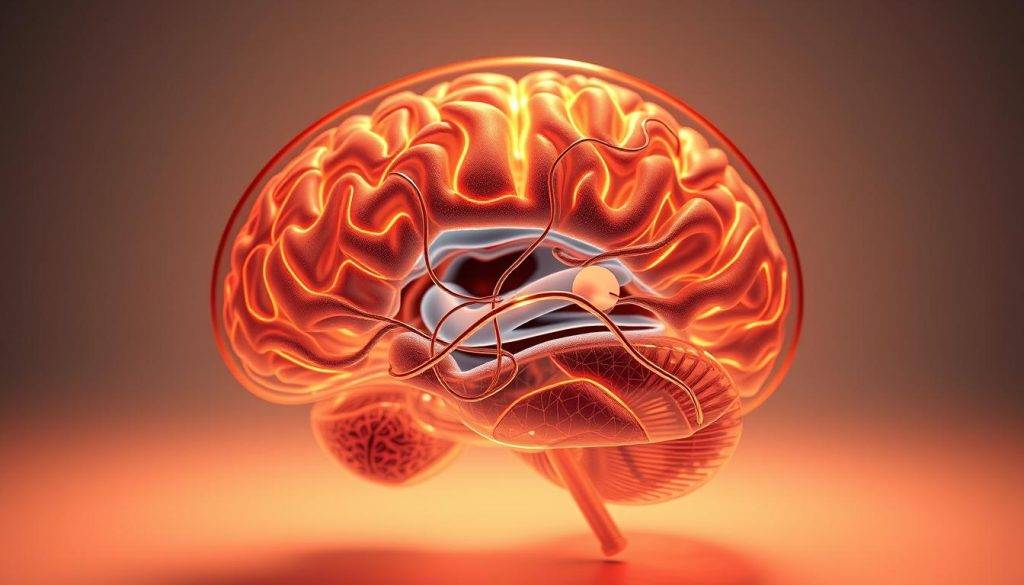 A cross-section of the human brain showcasing its intricate neural networks and the complex processes of decision-making. The image should feature a detailed, photorealistic depiction of the brain's anatomy, with a focus on the frontal lobe and the areas responsible for executive functions, problem-solving, and rational thought. Render the brain in high resolution, with a semi-transparent, glowing appearance that reveals the underlying neural pathways and synaptic connections. Illuminate the scene with a warm, indirect lighting that casts subtle shadows and highlights the contours of the brain's structures. Compose the image from a slightly elevated, angled perspective to convey a sense of depth and scale, emphasizing the brain's dynamic, interconnected nature.