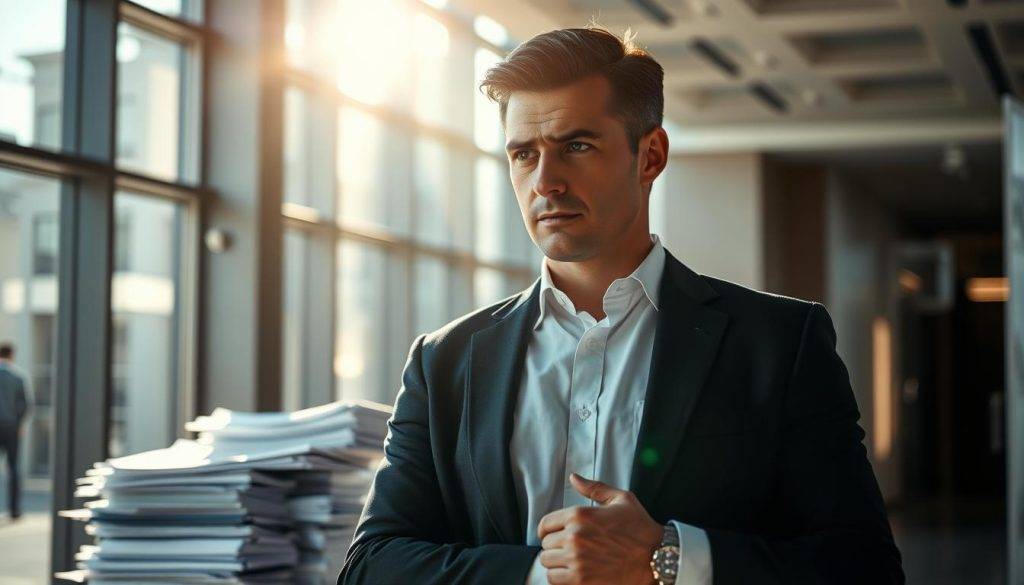 A decisive executive stands confidently, brow furrowed in deep contemplation, surrounded by a sleek, modern office setting. Sunlight streams through large windows, casting a warm glow and creating dramatic shadows that accentuate the subject's features. The background is softly blurred, focusing attention on the leader's pensive expression and the stacks of documents and holographic displays that convey the complexity of the strategic decisions at hand. The overall scene radiates an air of authority, professionalism, and intellectual rigor, capturing the essence of mastering decision-making and strategic thinking.