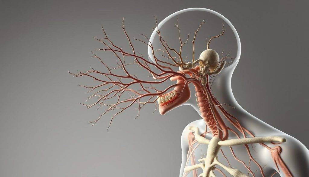A detailed anatomical illustration of the vagal complex, showcasing the intricate network of nerves and connections that form the foundation of the polyvagal theory. The image should depict the vagus nerve and its branches, the brainstem, and the associated structures with a high level of precision and realism. The scene should be rendered in a muted, scientific color palette, with a clean, minimalist background to emphasize the anatomical details. The lighting should be soft and directional, casting subtle shadows to accentuate the three-dimensional structure of the vagal complex. The camera angle should be positioned to provide a clear, unobstructed view of the relevant anatomical features, allowing the viewer to fully comprehend the complex architecture of this essential system.