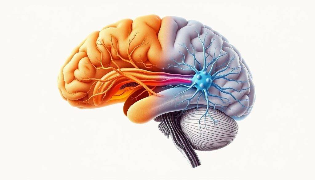 A detailed, anatomical illustration of the ventral and dorsal vagal complexes, depicted as a cross-sectional view of the brainstem. The ventral vagal complex, responsible for social engagement and self-regulation, is rendered in warm tones, showcasing its intricate neural pathways. The dorsal vagal complex, associated with the freeze response, is depicted in cooler hues, its network of fibers and nuclei precisely delineated. The image is rendered with a clean, scientific aesthetic, utilizing a neutral background to allow the complex neural structures to take center stage. Soft, directional lighting accentuates the delicate anatomical features, creating depth and dimension. The overall mood is one of calm contemplation, inviting the viewer to explore the intricacies of the autonomic nervous system.