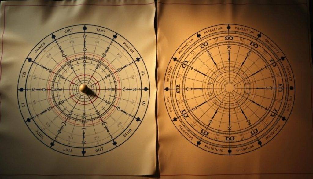 A detailed astrological chart comparison, showcasing a natal horoscope juxtaposed with a solar return chart. The layout features the natal chart on the left, displayed as a circular diagram with planetary positions and zodiac signs. On the right, the solar return chart is shown, drawn with a similar circular design but with distinct placements of celestial bodies. Subtle lighting accentuates the intricate lines and symbols, creating a sense of mysticism. The overall composition conveys a harmonious balance between the individual's personal astrological blueprint and the transformative influences of the solar return. Rendered in a muted, earthy color palette to evoke a timeless, contemplative atmosphere.
