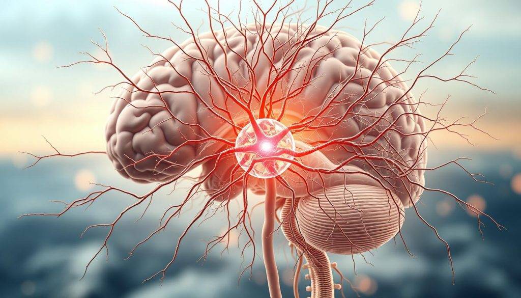 A detailed cross-section of the human nervous system, showcasing the intricate web of neurons, synapses, and pathways that control bodily functions. The foreground depicts the central nervous system, with the brain and spinal cord rendered in muted tones, while the peripheral nervous system branches out in a dynamic, flowing pattern. The middle ground highlights the interplay of electrical impulses and neurotransmitters, creating a mesmerizing visual metaphor for the brain's ability to adapt and change. The background is a softly blurred, ethereal landscape, evoking the sense of the nervous system's deep connections to the mind and consciousness. Rendered with photorealistic precision, the image conveys a sense of wonder and complexity at the core of human neuroplasticity.