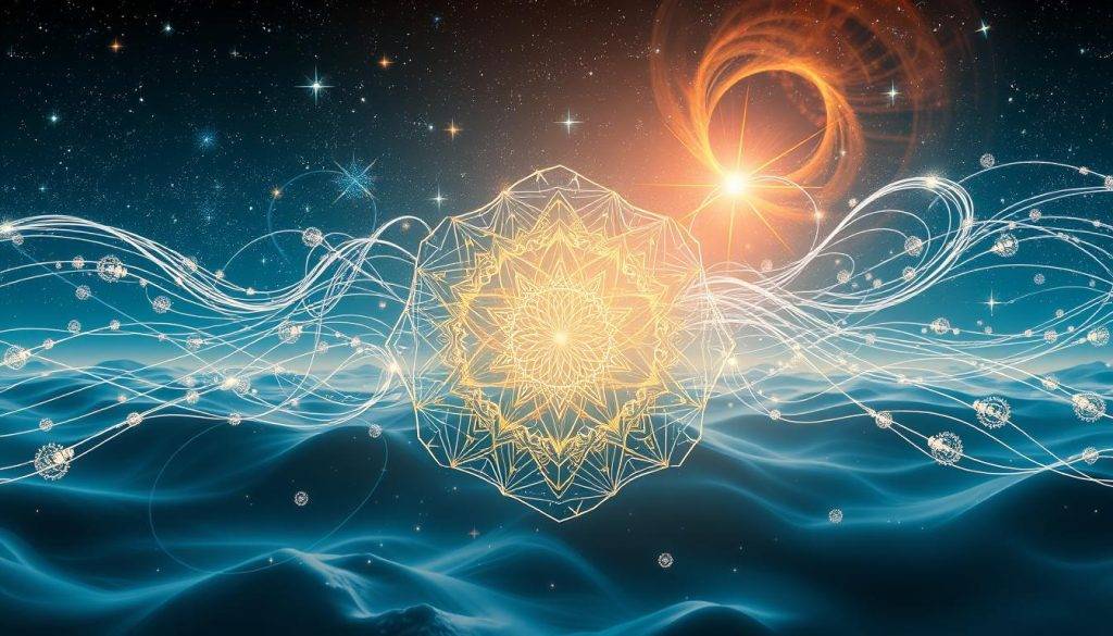 A detailed diagram depicting the key concepts of the law of attraction and the quantum field theory. The foreground showcases a central focal point, a intricate mandala-like structure representing the interconnected nature of the quantum field. The middle ground features flowing energy lines and particles, illustrating the vibrant energy exchange within the field. The background depicts a serene, cosmic landscape with stars, galaxies, and ethereal swirls of light, conveying the vast, expansive nature of the quantum realm. The lighting is soft and diffused, creating a contemplative, mystical atmosphere. The image is rendered with a photorealistic, highly detailed style, allowing the viewer to fully immerse themselves in the conceptual and visual exploration of the foundations of manifestation.